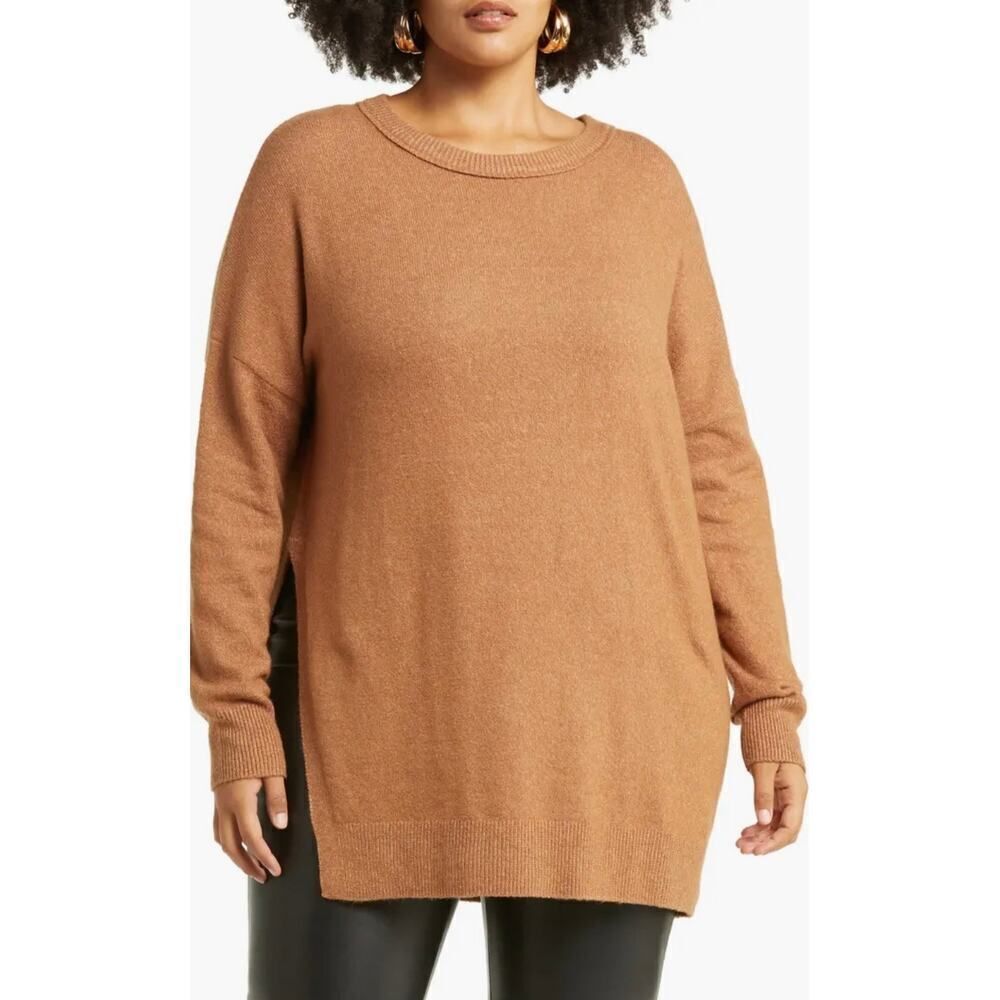 Open Edit Sweater Women's Size Large Brown Asymmetric Side Slit Hem Tunic NWT